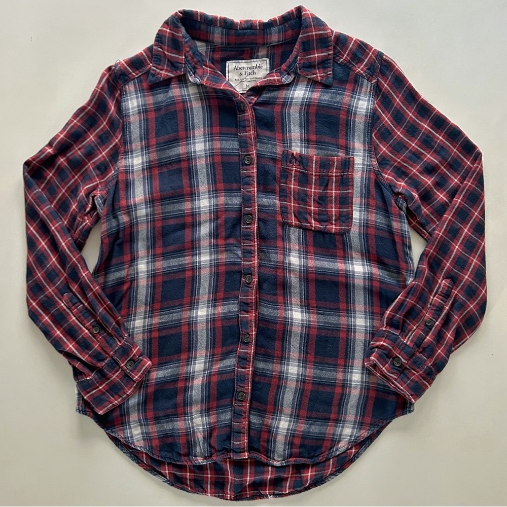 Abercrombie & Fitch Red Navy Plaid Button Down Shirt Mixed Pattern Size M Winter